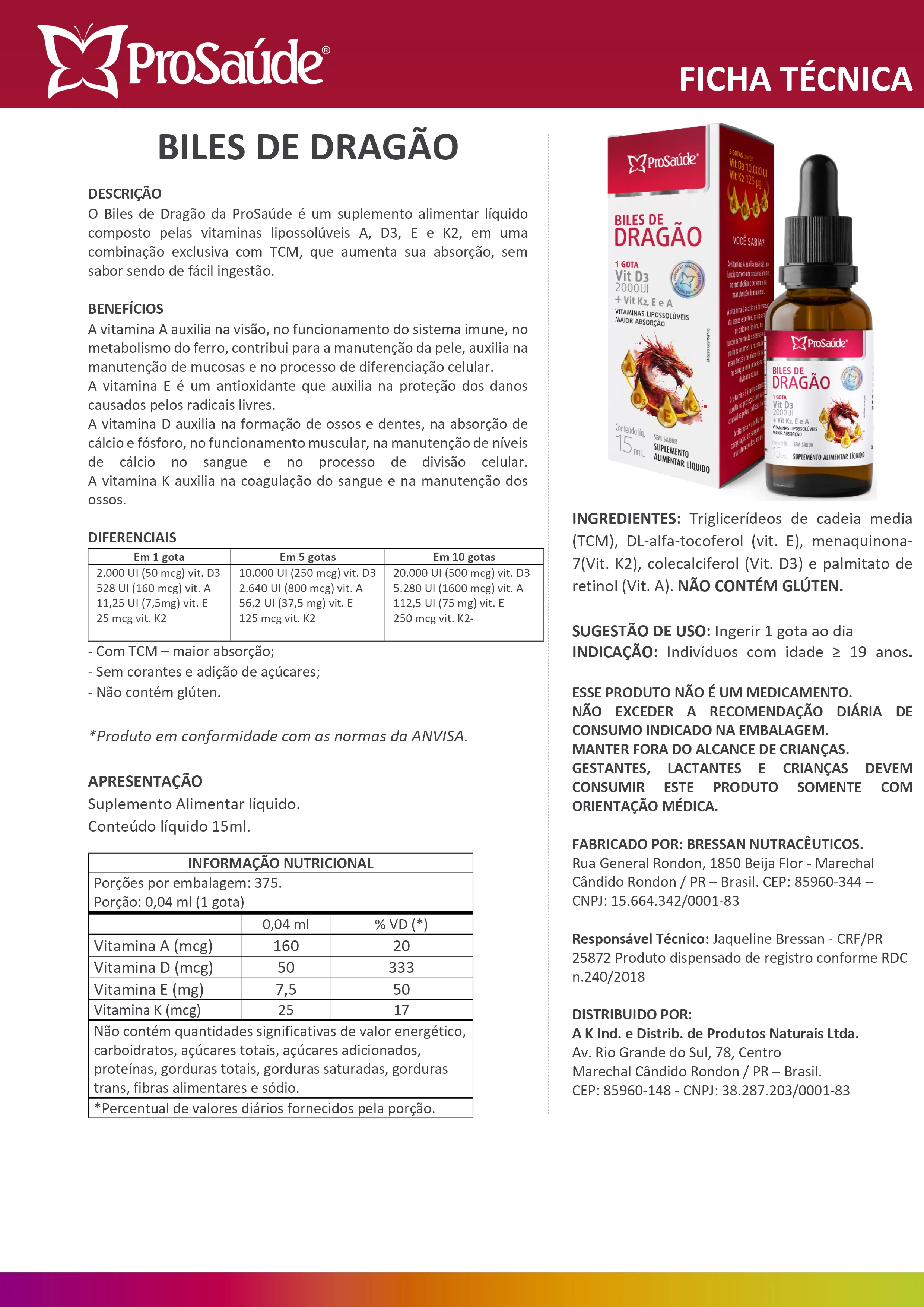 Biles De Dragão PROSAÚDE - vitaminas D + A + E + K em gotas image hover